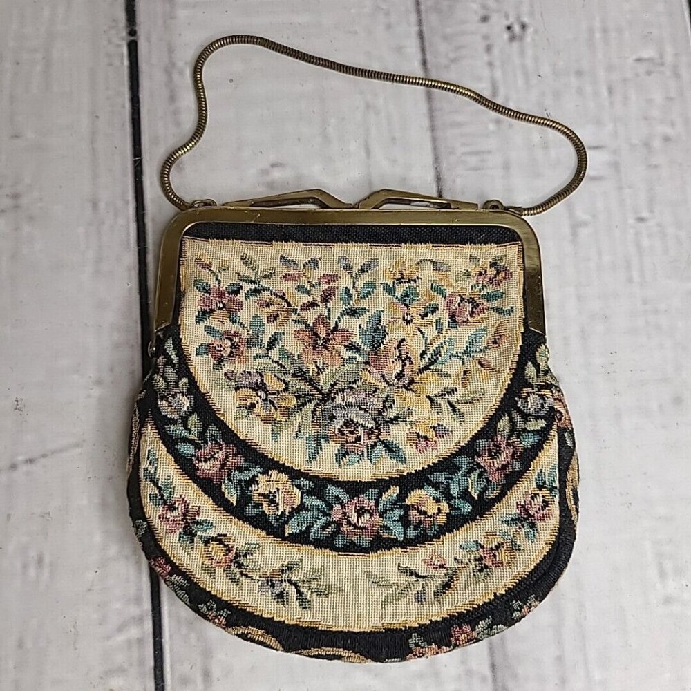 Lord & Taylor Small Clutch, Tapestry Handbag w/ Metal Golden Chain Vintage